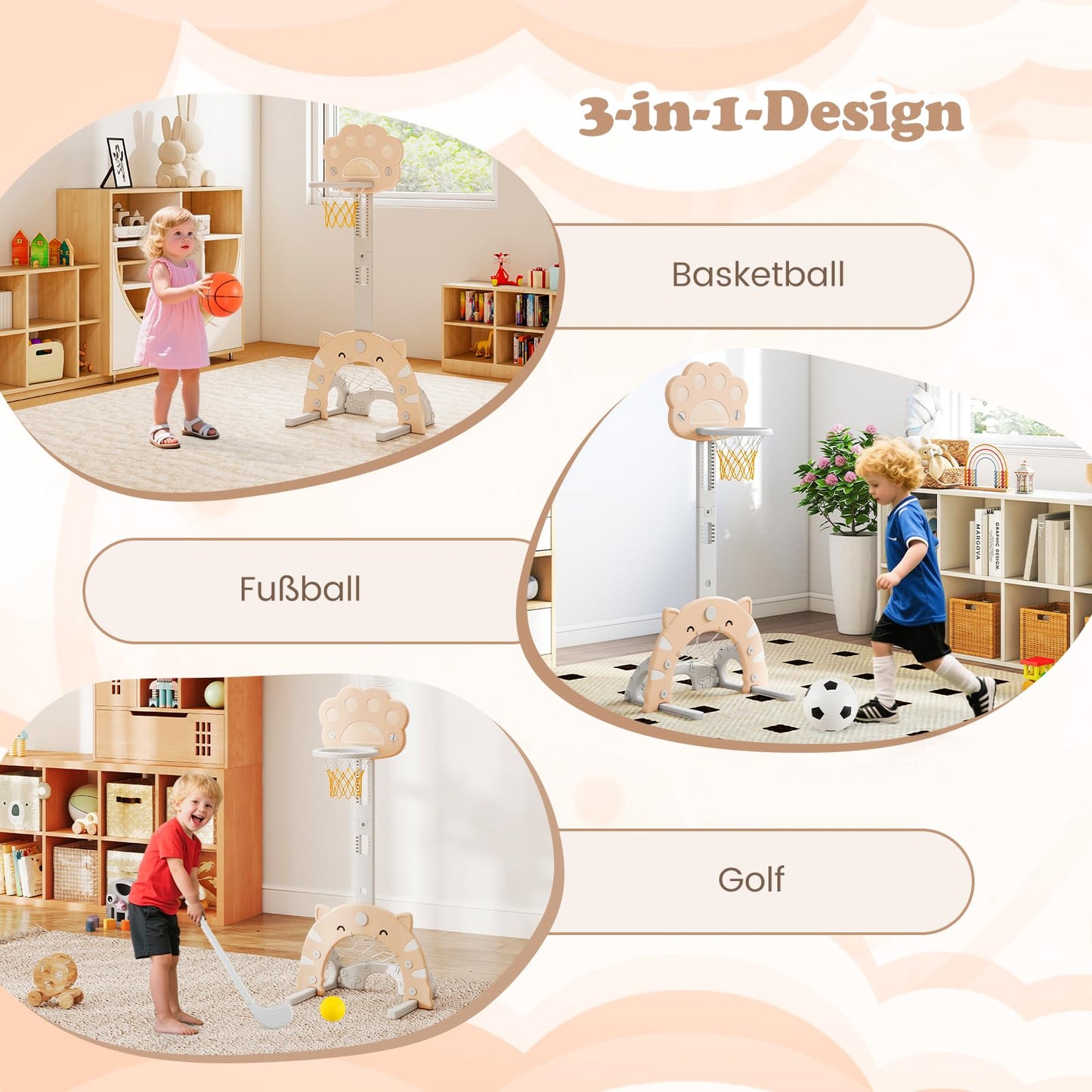 COSTWAY 3-in-1 Children's Basketball Hoop, Basketball Stand with Basketball & Football & Golf Game, Indoor Outdoor Basketball Game with Adjustable Height & Foldable Basket, for Children from 3 Years