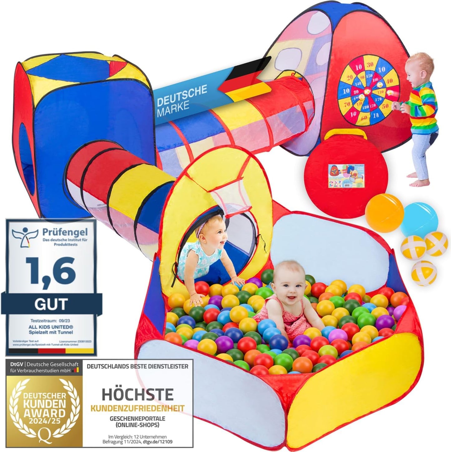 all Kids United® Play Tent with Tunnel, Ball Pit, Crawling Tunnel & More (without Balls) XXL Play Land 5-Piece Pop-Up Play House with Bag