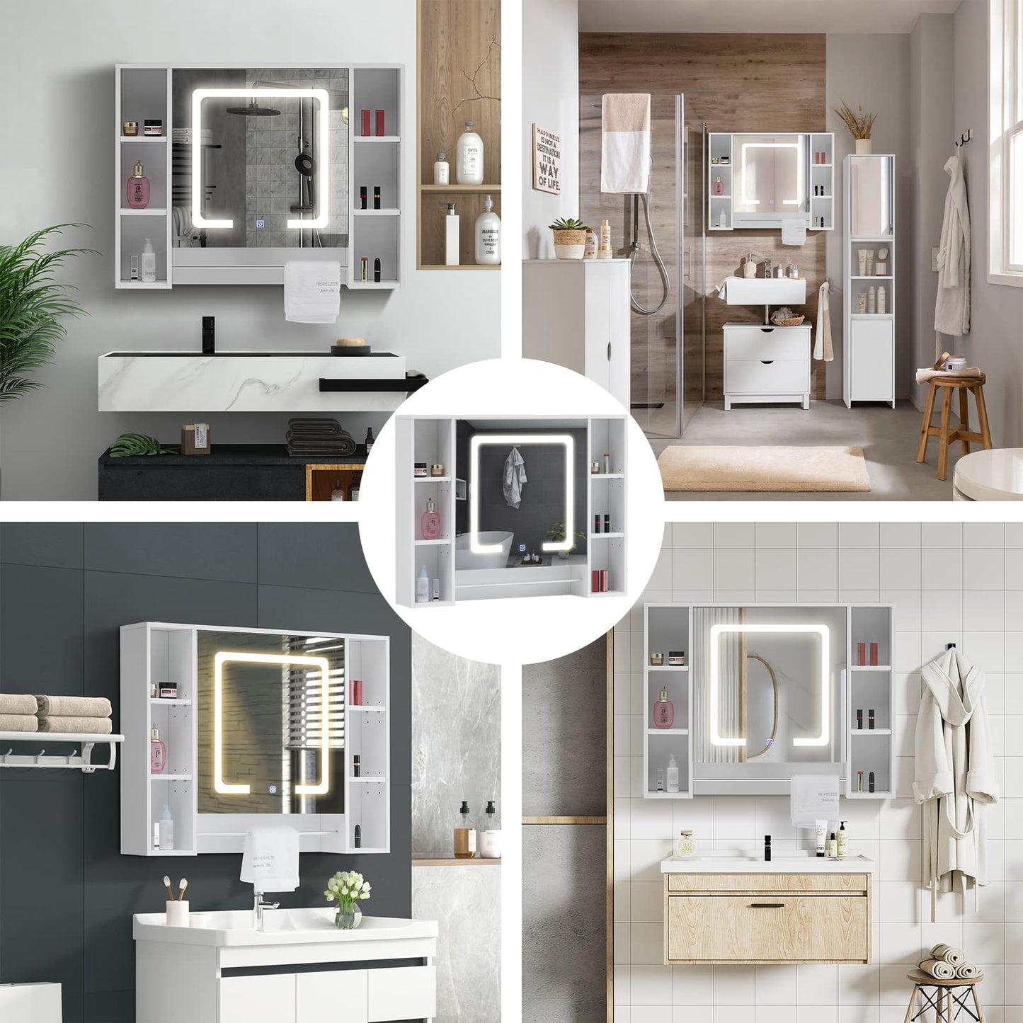 TUKAILAI Mirror Cabinet with LED Lighting, 6 Open Shelves and Adjustable Shelves, Bathroom Mirror with Touch Switch, Bathroom Mirror, Light Mirror, Wall Mirror, Bathroom Cabinet for Bathroom