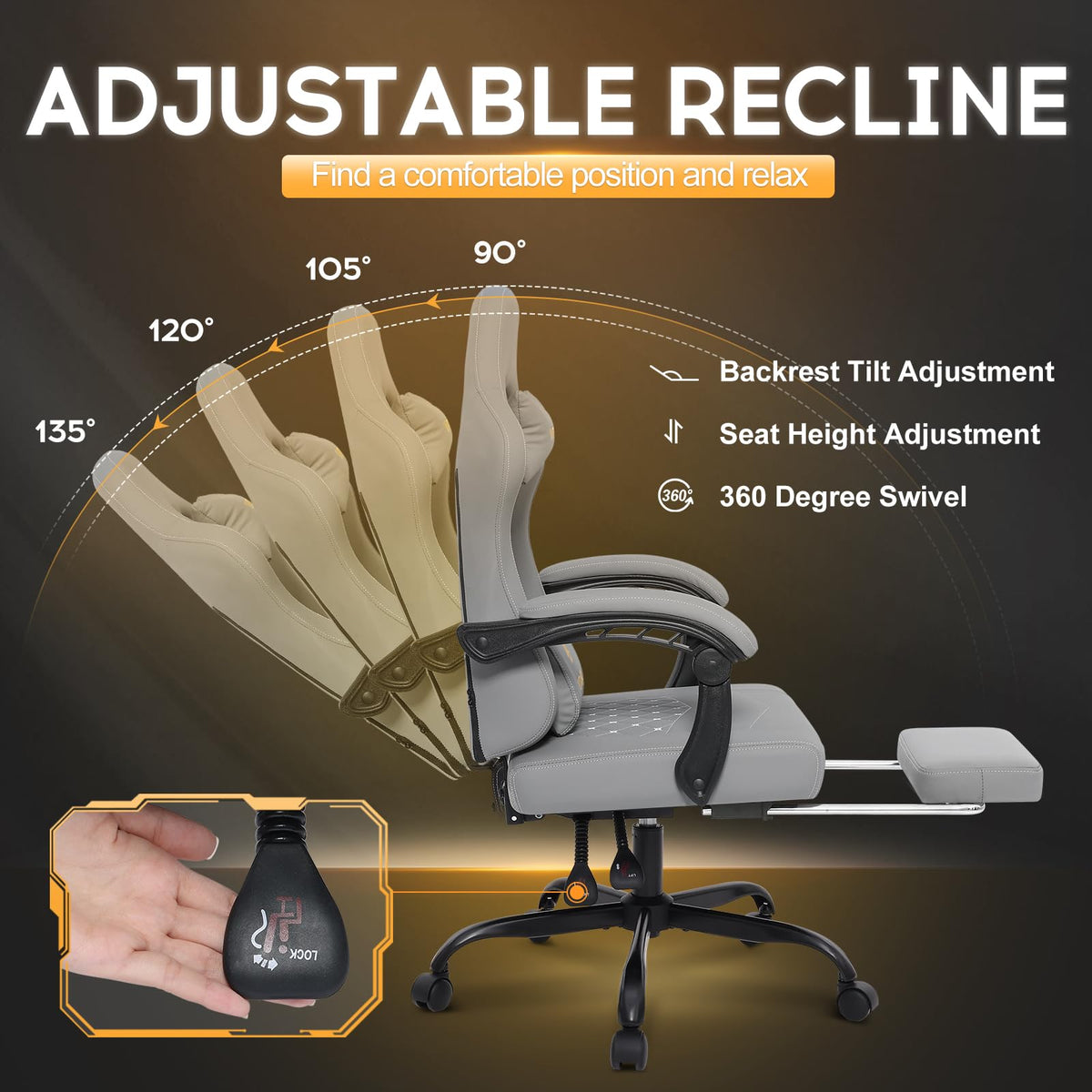 Vittanly Gaming Chair with Spring Cushion, Ergonomic Gaming Chair, Gamer Chair with Headrest, Lumbar Cushion and Footrest, Height-Adjustable Rotating Gaming Chair, Office Chair, 150 kg, Black
