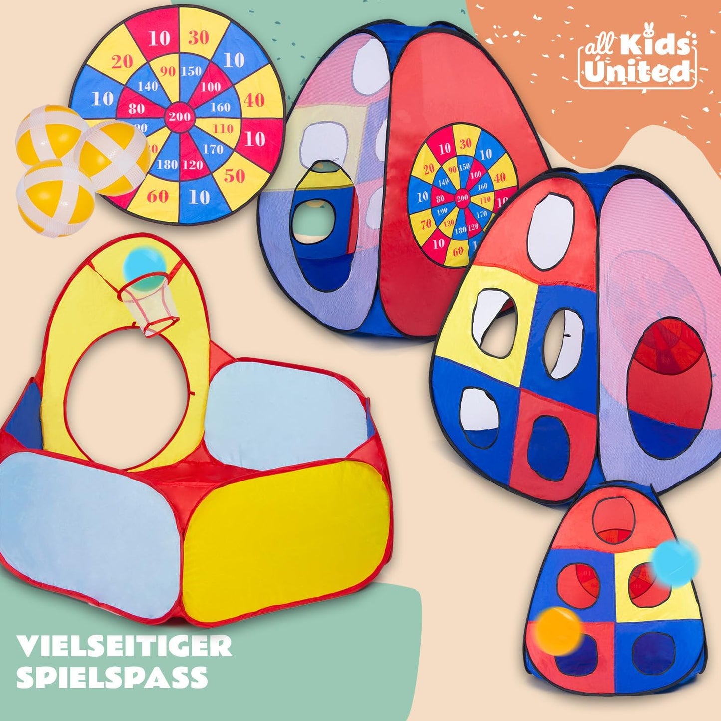 all Kids United® Play Tent with Tunnel, Ball Pit, Crawling Tunnel & More (without Balls) XXL Play Land 5-Piece Pop-Up Play House with Bag