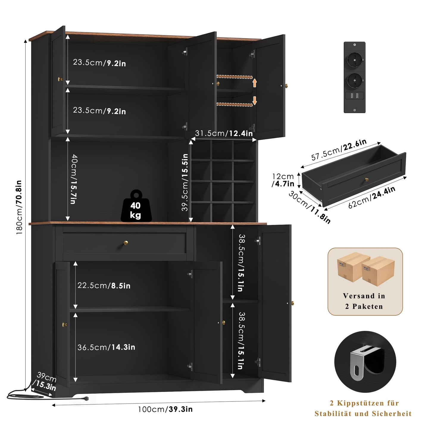 FirFurd Kitchen Cabinet 180 cm Buffet Cabinet with LED Sideboard for Kitchen with Power Strip Kitchen Cabinet with Worktop and Wine Rack for 12 Bottles Kitchen Buffet Kitchen Furniture 180 x 100 x 39