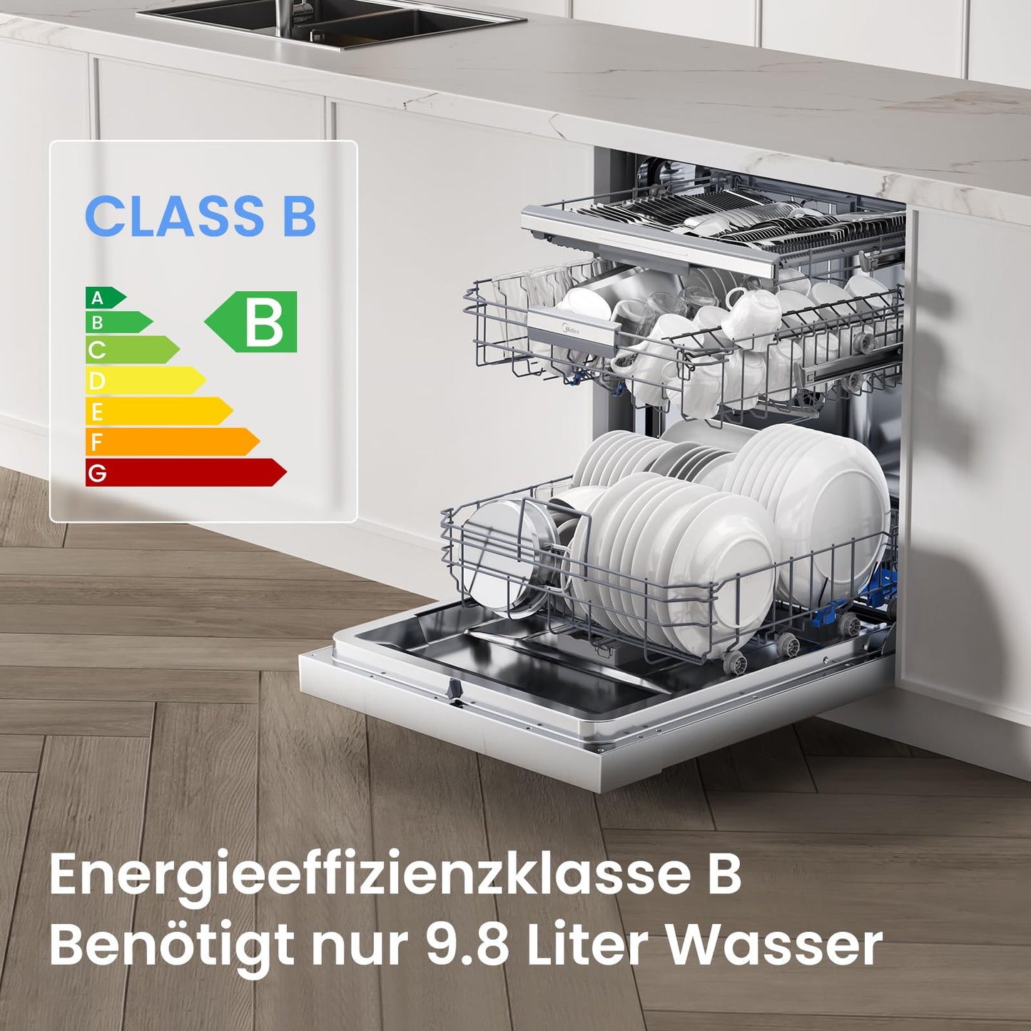 Midea SU 5.35X14CS Dishwasher Base, 14 MGD, Dishwasher 60 cm, Home Connect, Hygiene Care+, Machine Care +, Extra Drying, Half Load, 44 db, Start Delay, Stainless Steel