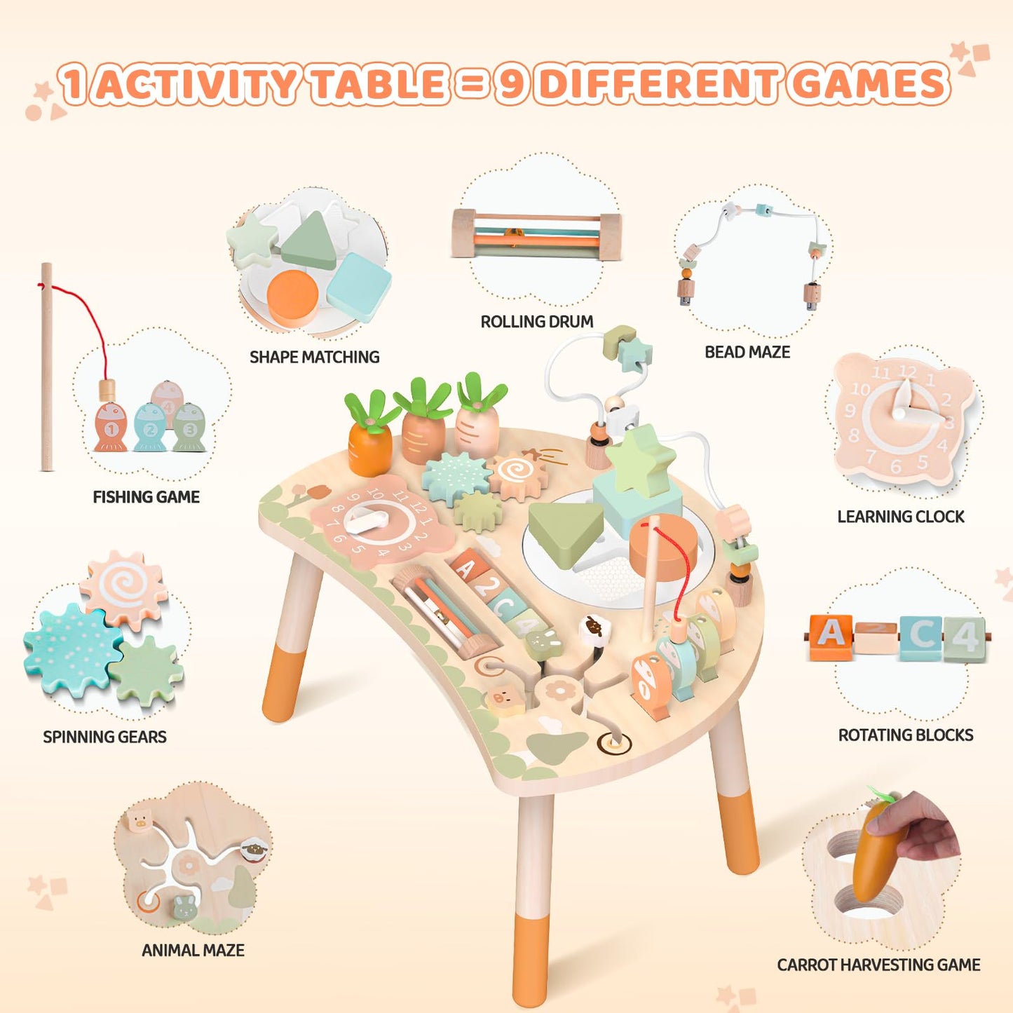 Wooden Activity Table for Children, Baby Montessori Toy 9-in-1 Play Table from 1 2 3 Years, Children's Toy Wooden Toy Activity Table from 12+ Months, Birthday Day, Christmas Gift 1+ Year