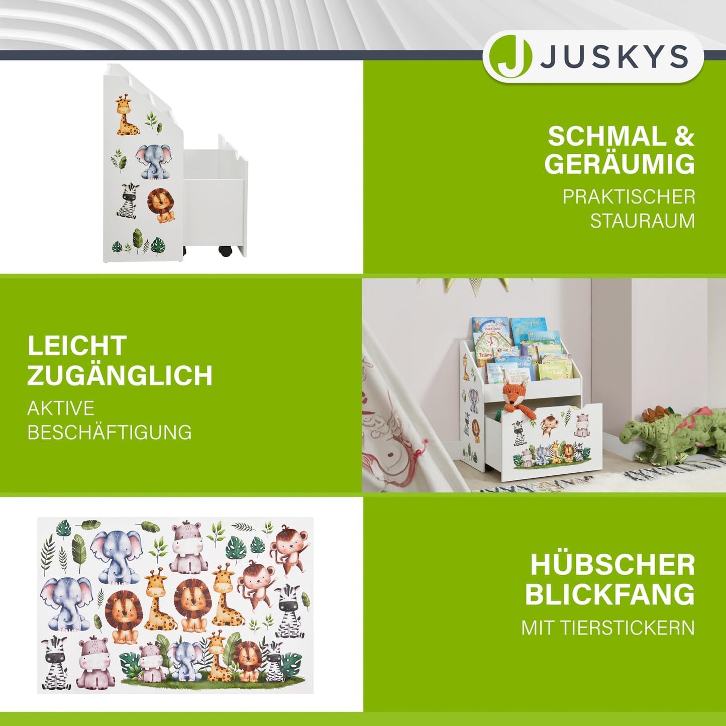 Juskys Children's Bookcase with 3 Compartments & Toy Box - Wooden Shelf 63 x 30 x 70 cm BTH - Storage of Books & Toys in the Children's Room - White