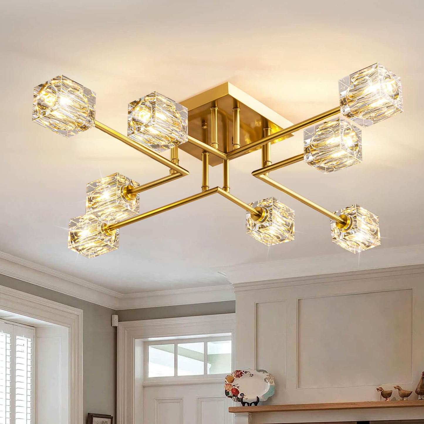 JUJUQI Moderne Kristall-Kronleuchter,Gold Hängeleuchte, K9 quadratischer Kristall Häengelampe mit 8 Lichtern,Würfel-Schirm, hängende Deckenleuchte für Esszimmer, Schlafzimmer, Wohnzimmer