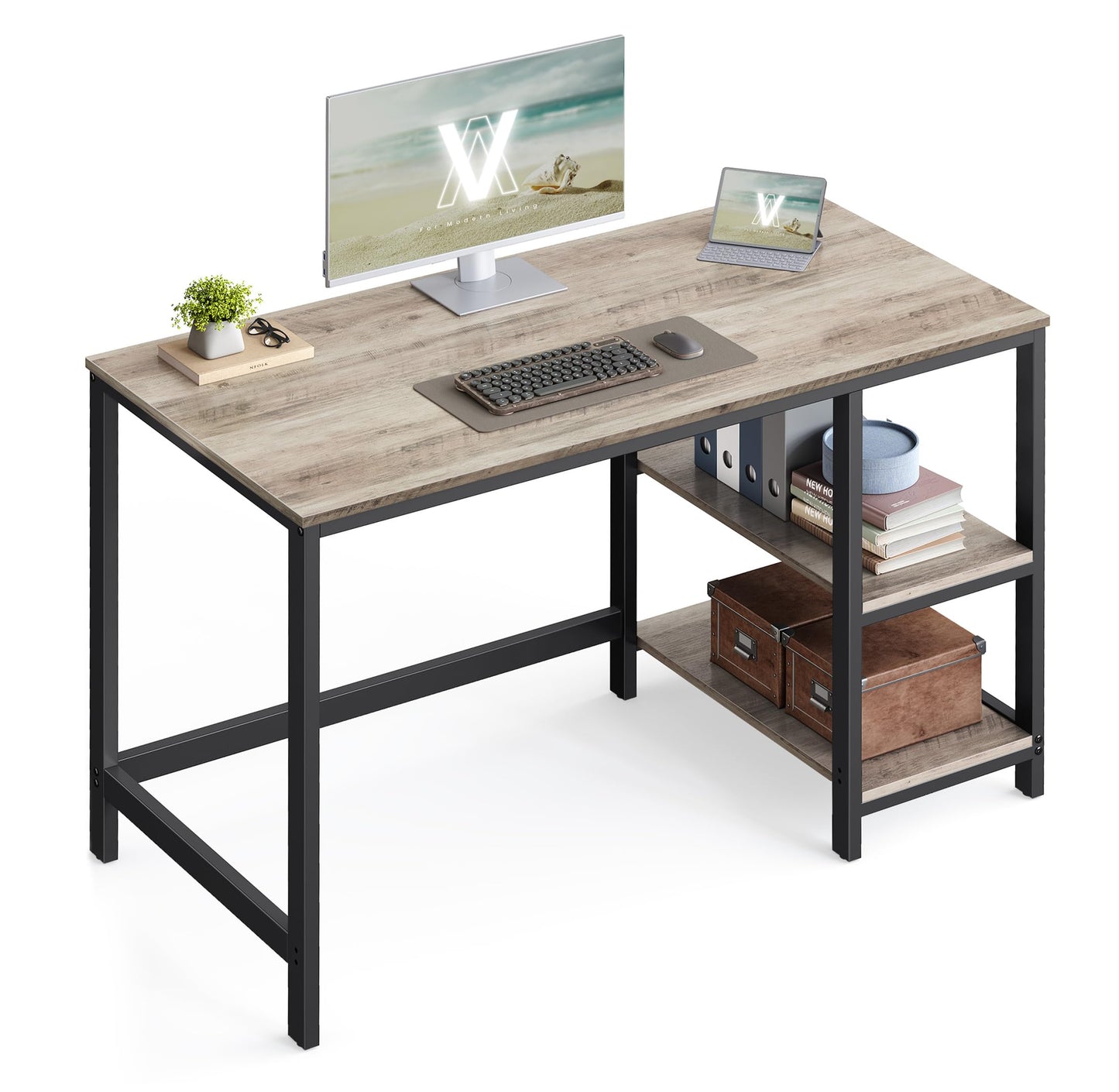 VASAGLE LWD55X Desk Computer Desk PC Desk Office Table with 2 Shelves on Right or Left Side for Office Living Room Steel Frame Industrial Design Vintage Brown/Black