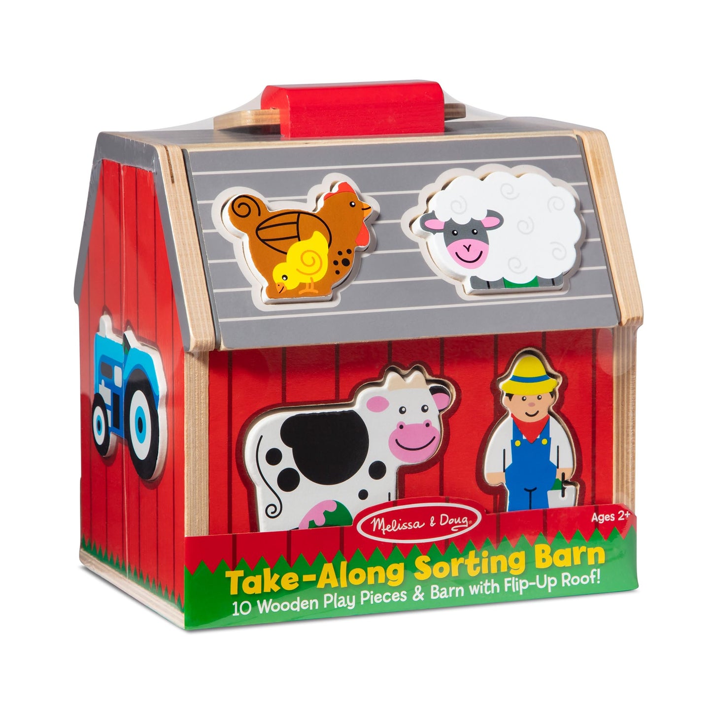 Melissa & Doug Wooden Barn Toy Barn for Travelling with 10 Toy Figures, Farm Toy, Educational Toy for Sorting Shapes and Stacking for Toddlers and Children from 2 Years