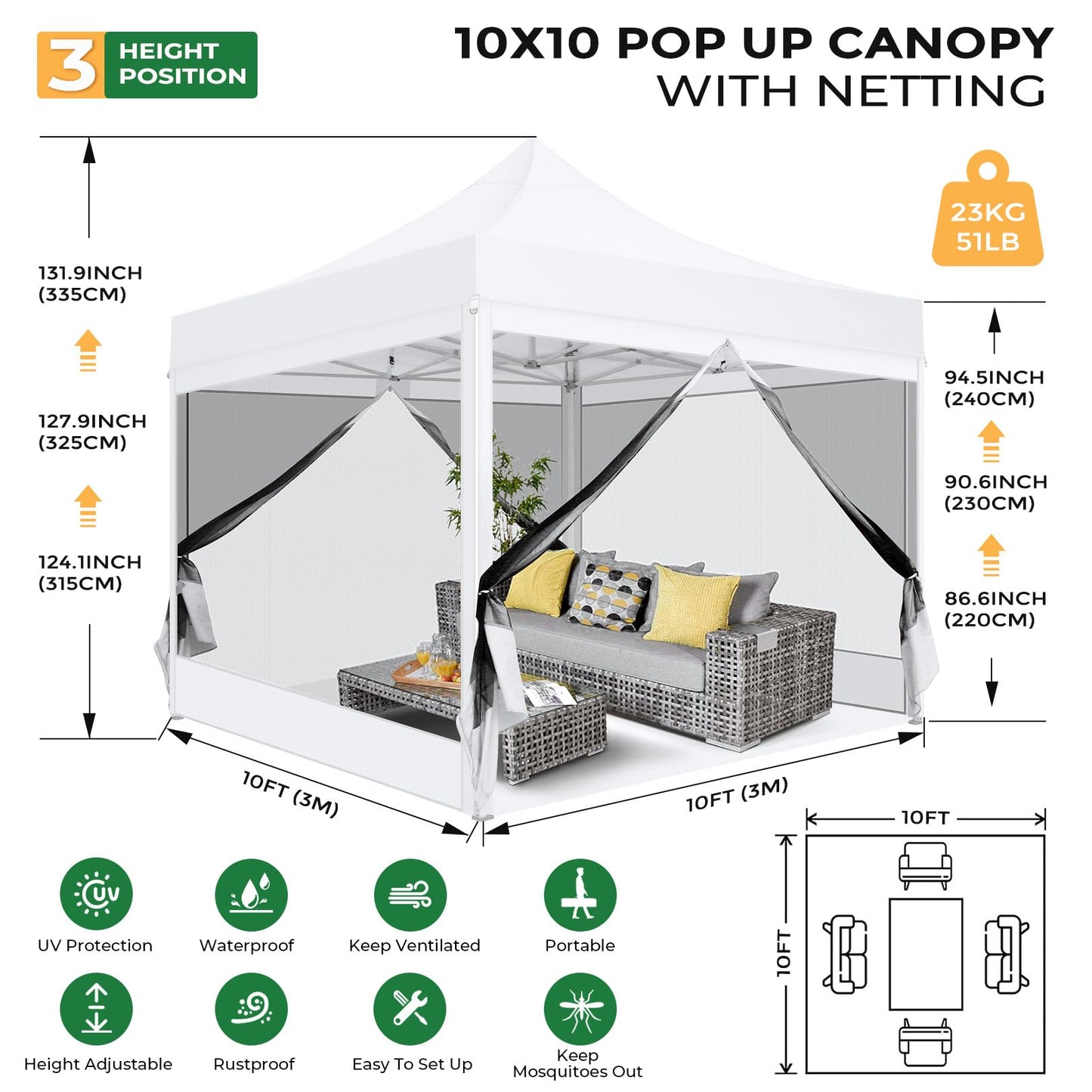 COBIZI Folding Gazebo 3 x 3 m Gazebo 3 x 3 m Waterproof Stable Party Tent Foldable with 4 Side Walls Mosquito Net Pop Up Garden Gazebo Anti-UV for Garden, Grey