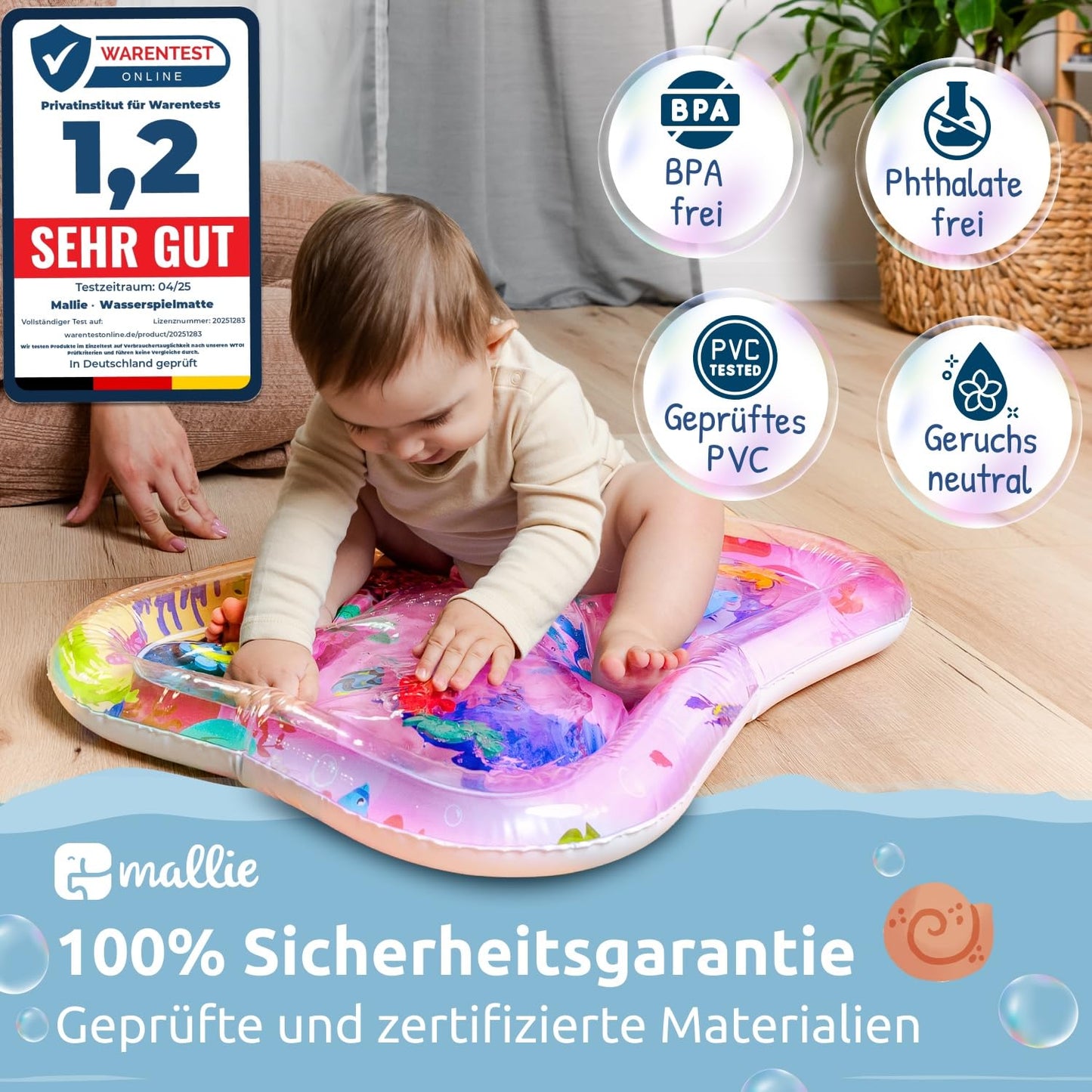 Mallie® Wassermatte Baby 66x50 CM [100% BPA & Schadstoff-Frei] ab 3, 6 und 9 Monate im Ozean Blau Design I Baby Spielzeug, Spielzeug Ab 6 Monate als Wassermatte Baby und Baby Spielzeug 6 Monate