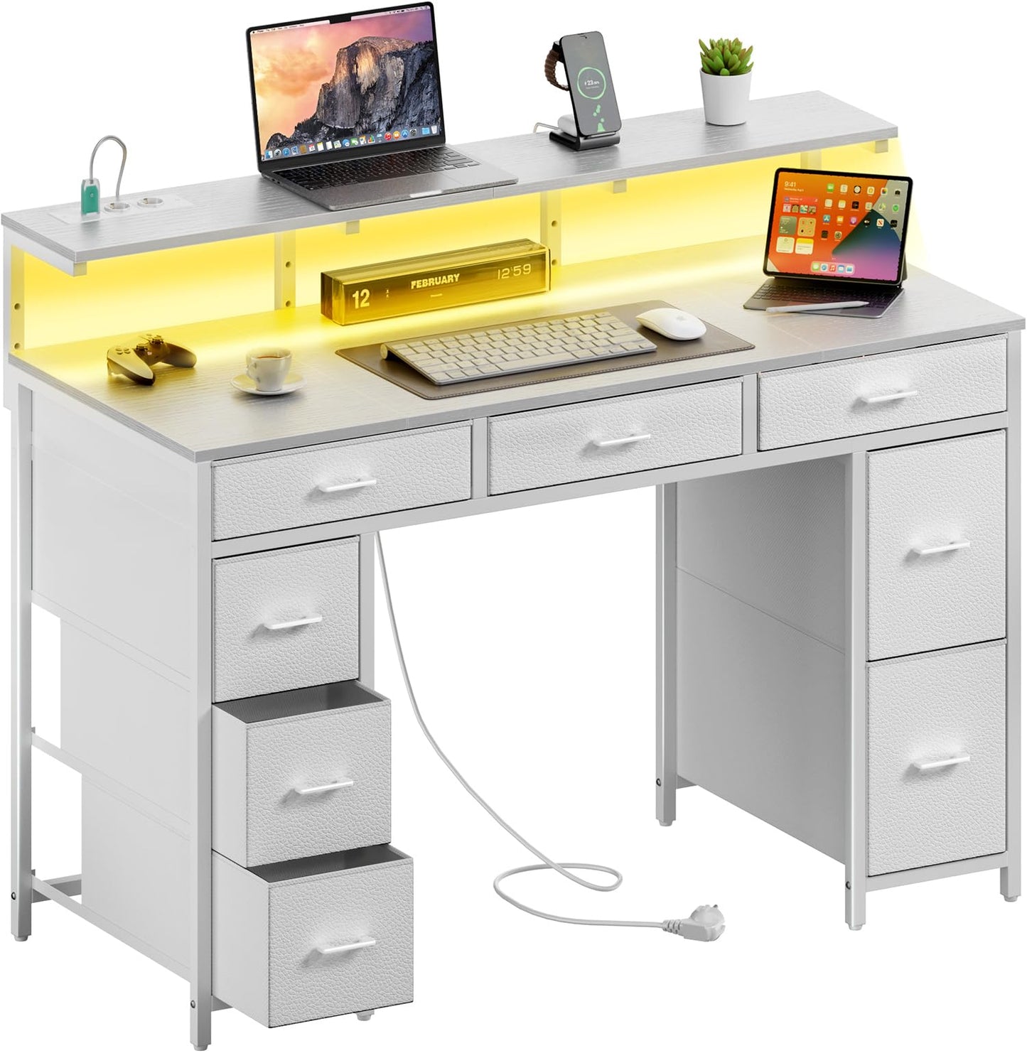 Schreibtisch mit 8 Schubladen, Computertisch mit 2 Steckdosen und 2 USB Ladeanschluss, Bürotisch mit LED und Monitorständer, PC Tisch für Büro, Wohnzimmer, 120 x 50 x 74 cm, Weiß