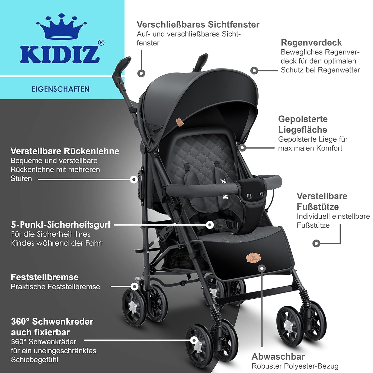 KIDIZ® City-Pro Pushchair Folding Pushchair Pushchair Sports Pushchair Foldable 360° 6 Inch Wheels Includes Mosquito Net, Footmuff and Rain Cover Foldable Sleep Function Blue