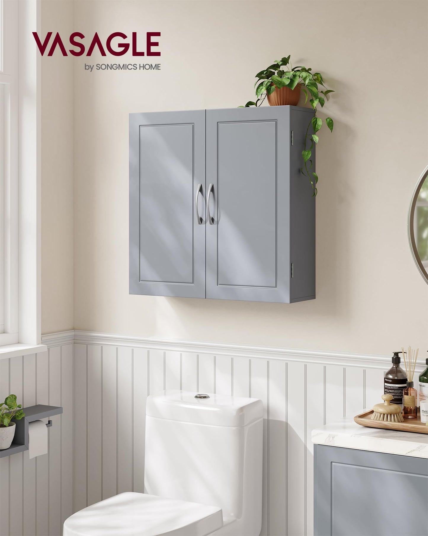 VASAGLE BBC320P36 Wall Mounted Bathroom Cabinet 18 x 60 x 60 cm Wall Cabinet with Adjustable Shelves Dove Grey