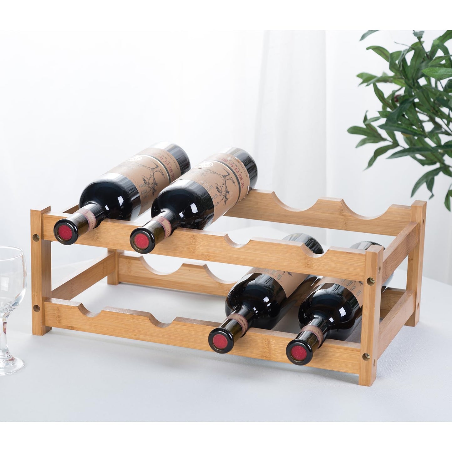 Wine Rack, Small Bottle Rack Storage Holder, Natural Bamboo Bottle Holder, Wine Bottle Shelf for Kitchen, Countertop, Cellar, Bar, Cabinet (2 Tiers, 8 Bottles)