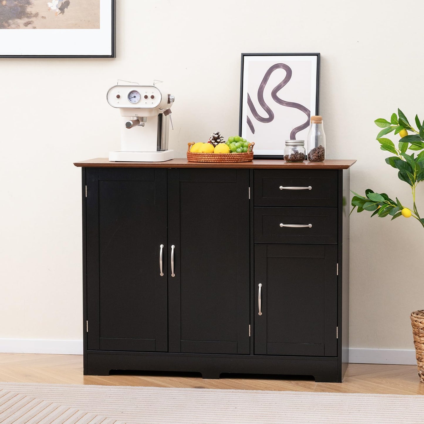 COSTWAY Sideboard, Kitchen Cabinet with Worktop 100 x 40 cm, Buffet Cabinet with Doors & Drawers & Adjustable Shelves, Kitchen Island for Kitchen, Dining Room (Black)