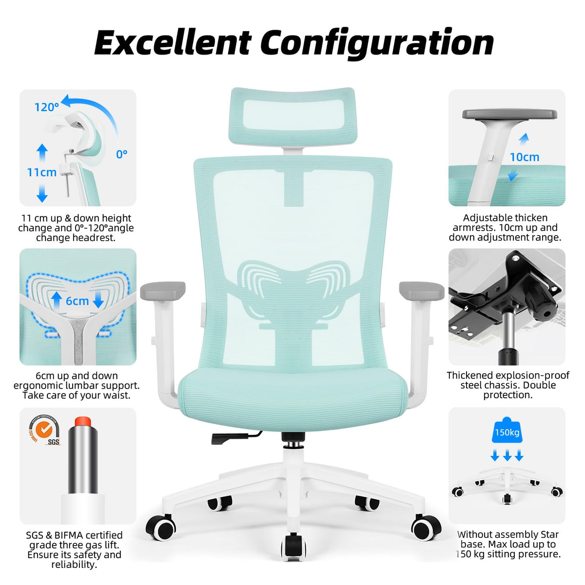 Daccormax Ergonomic Office Chair, Desk Chair with Adjustable Headrest, Armrests, Lumbar Support, Swivel Chair, Rocker Function, Mesh Executive Chair, Back-Friendly, Office Chair 150 kg