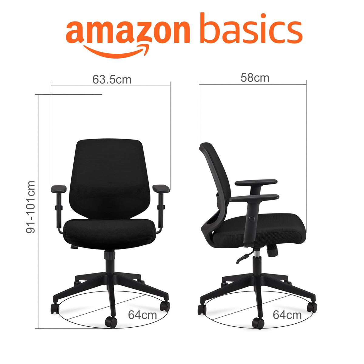 Amazon Basics Ergonomic Office Chair, Desk Chair with Adjustable Armrests, Lumbar Support, Mesh Executive Chair, Back Friendly, Easy Assembly, 25 x 23 x 36 Inch, Black