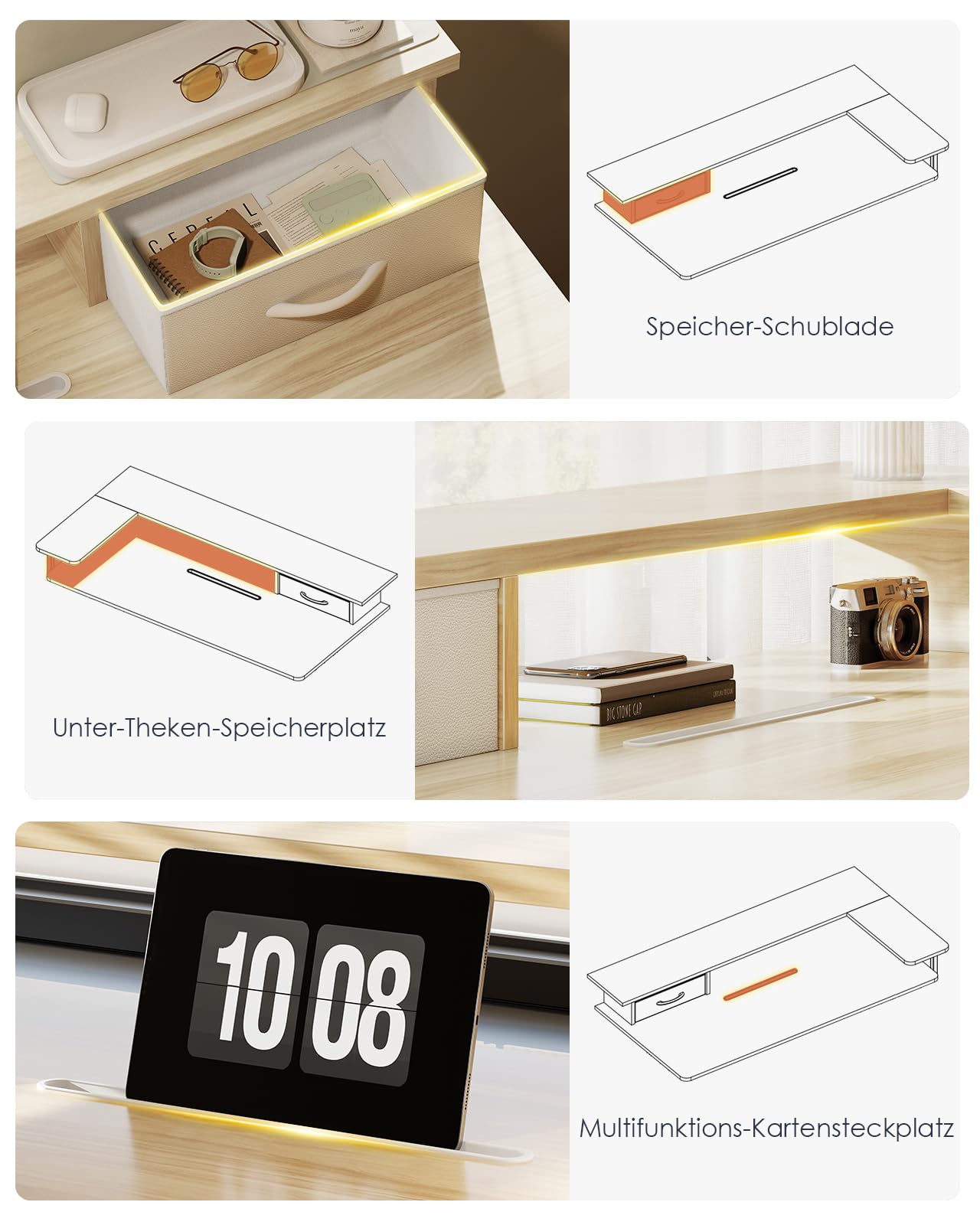 OffiGo Height Adjustable Electric Desk with Drawer and USB, 120 x 60 cm Complete Plate, Ergonomic Standing Seat Table, Computer Desk, Maple