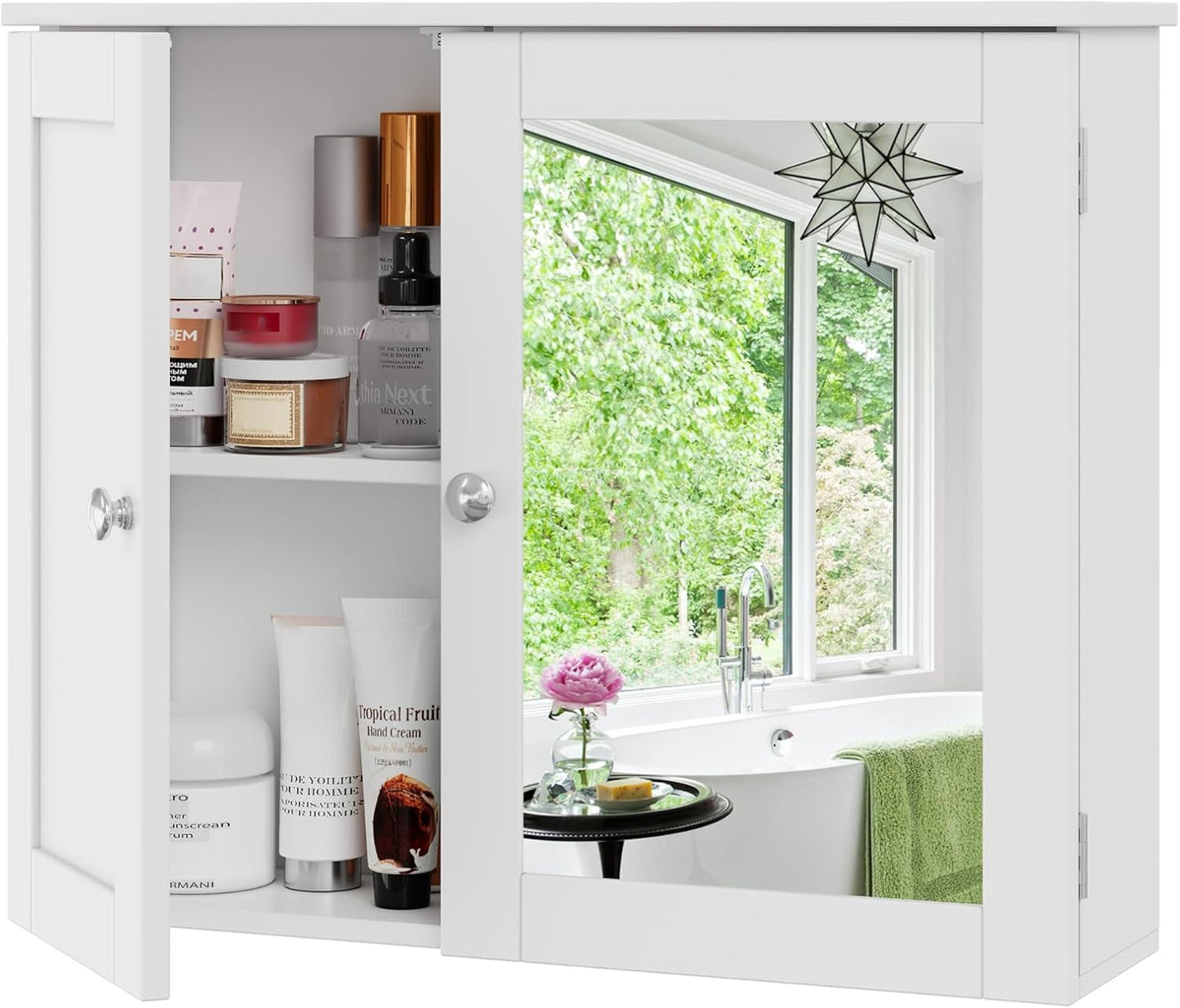 RRX Bathroom Storage Cabinet, Wall Cabinet with Mirror, Wall Cabinet for Bathroom, Adjustable Shelf, 2 Doors Over the Toilet, 16.5 x 60 x 49 cm (L x W x H)