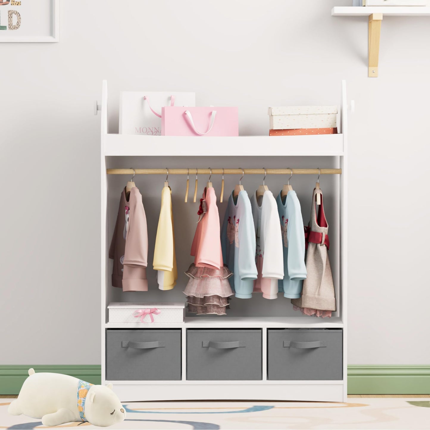 Children's Clothes Rack with Mirror, Clothes Rail with Shelves, Children's Wardrobe Wood, Children's Shelf for Children's Room, 81 x 28 x 106.5 cm (Clouds with 2 Drawers, White)