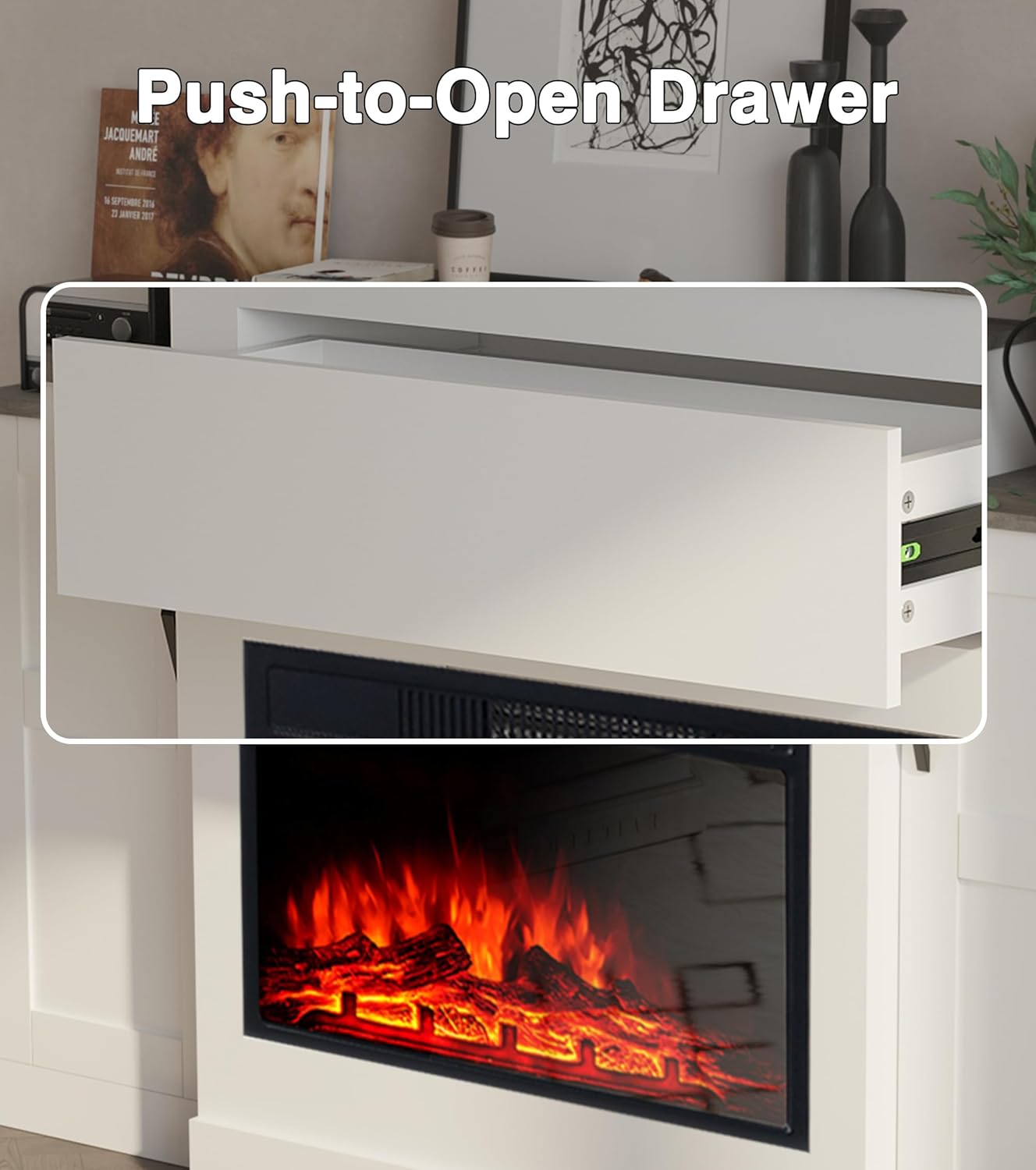 Electric Fireplace with TV Bracket, Entertainment Centre with 23 Inch Heater, Push Opening Drawer and Remote Control, 150 cm