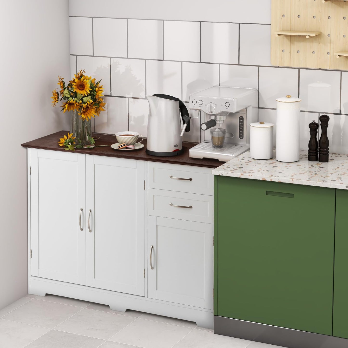 GOPLUS Sideboard Kitchen, Kitchen Cabinet with Doors & 2 Drawers, Buffet Cabinet with Worktop & Adjustable Shelf, Storage Cabinet for Kitchen & Living Room, 100 × 40 × 78 cm (White)