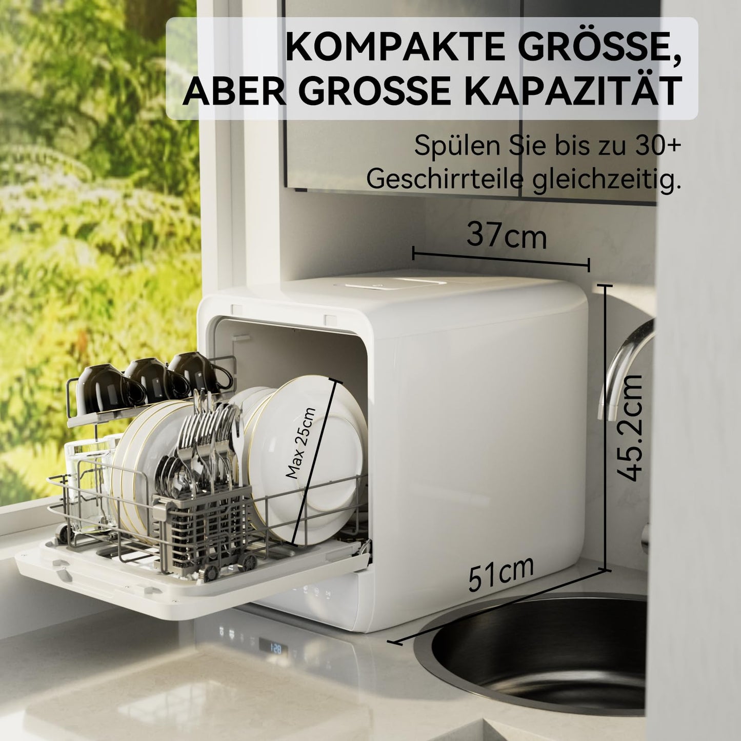 Hermitlux Tischgeschirrspüler, mini spülmaschine mit 7+3 Programme, 5 Maßgedecken, 5L Wassertank, Startverzögerung und Kindersicherung