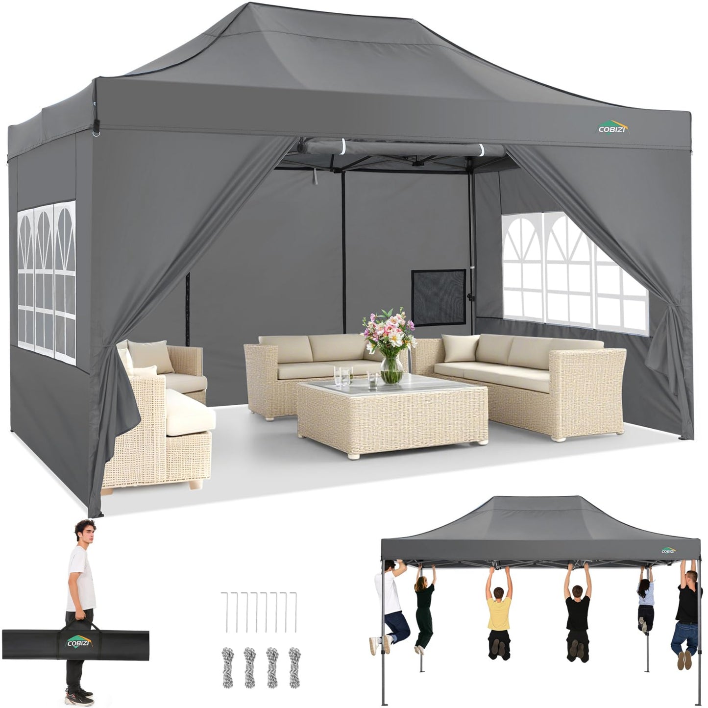 Tooluck Folding Gazebo, 3 x 4.5 m, Waterproof, Stable, Outdoor, Garden Party Tent, UV Protection 50+, with 4 Side Panels, Grey