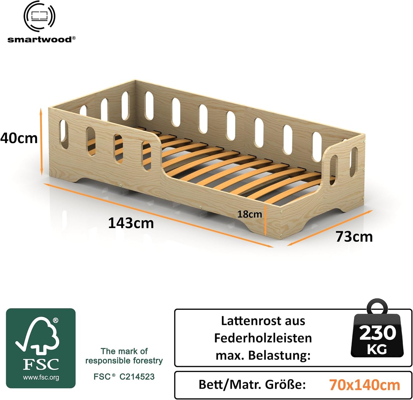 smartwood Kinderbett 80x160 Montessori Bett mit Rausfallschutz & Lattenrost - Kiefernsperrholz mit FSC-Zertifikat - für Jungen und Mädchen - Einfache Montage - TILA 1L