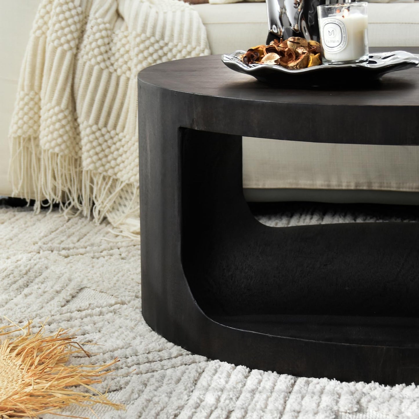 Round Wooden Coffee Table, Living Room Table with Large Storage Space, Coffee Table No Assembly Required, Modern Sofa Table for Living Room, Bedroom, Diameter 80 x 36 cm, Coffee Table (Black)
