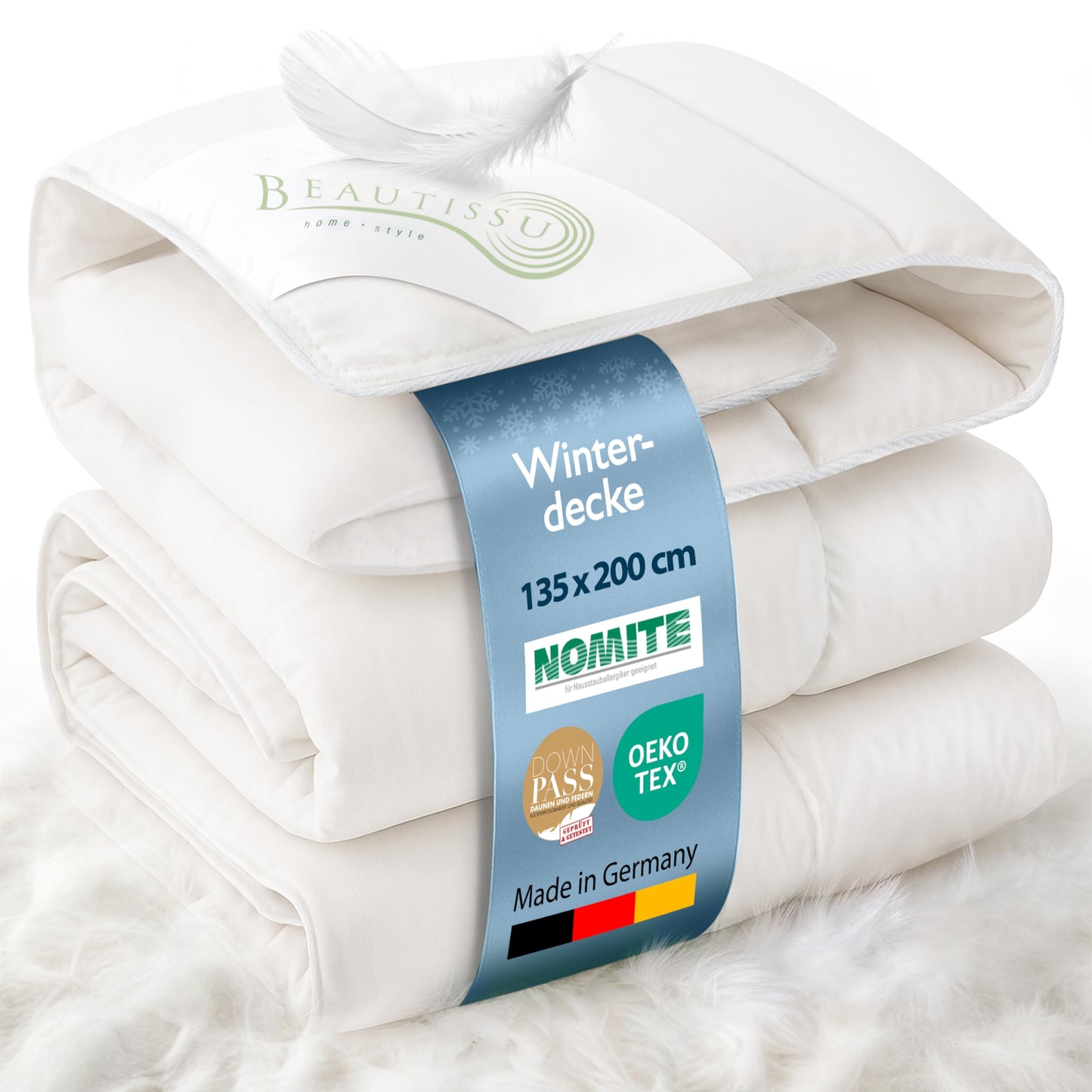 Beautissu All-Year Duvet Feather Duvet 135 x 200 cm with 100% Down and Feathers - Made in Germany - Oeko-Tex, Downpass & Nomite Certified - 100% Cotton Cover Down Duvet 135 x 200 cm Washable - GF