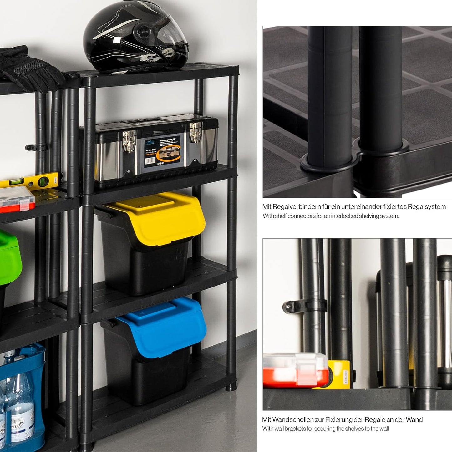 Kreher Economy Set of 2 Plastic Shelves, Household Shelves, Black, 4 Shelves, Max. 100 kg Load per Shelf, 61 x 30.5 x 130 H cm, TÜV Rheinland