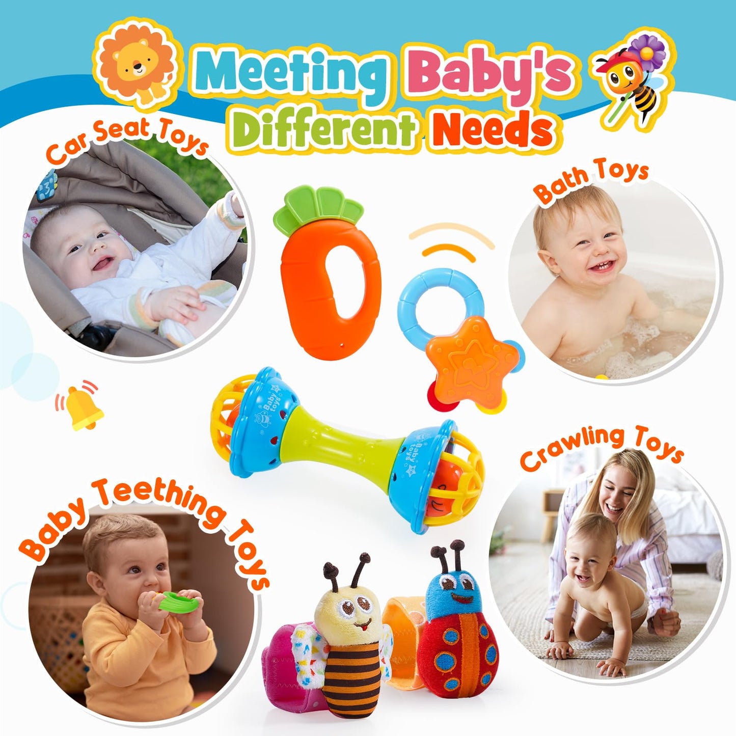 Wootoyz Baby Spielzeug 0-12 Monate, 14 Pcs Rasseln Beißring Set Babies Spielzeug ab 0 3 6 9 Monate Baby Geschenk Junge Mädchen Montessori Spielzeug ab 0-12 Monate Neugeborenen Geschenk Geburt