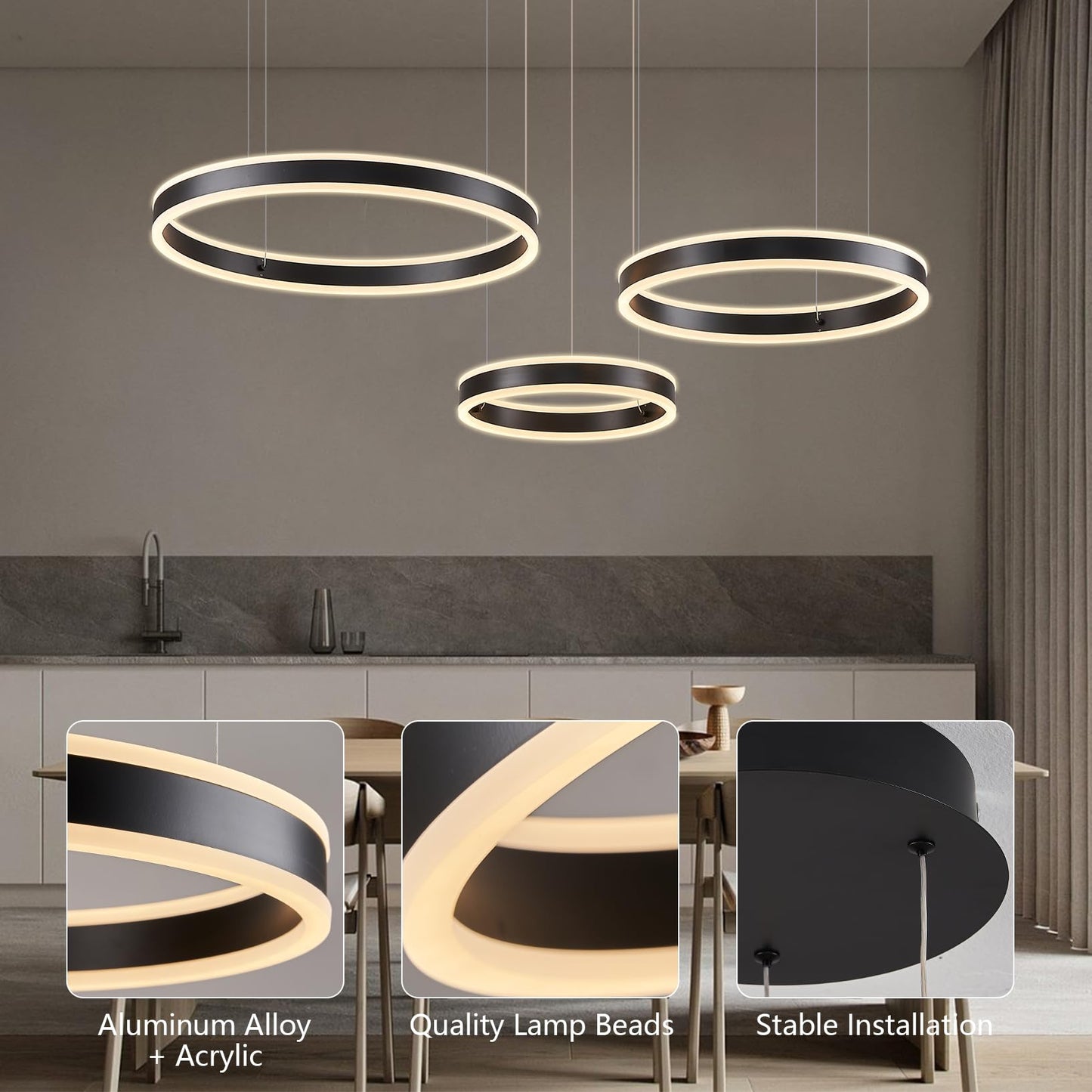 SUCIKORIO LED Pendelleuchte Esstisch, Modern LED Rund Hängelampe Esstisch Dimmbar Hoehenverstellbar 88W Aluminium Esstischlampe Hängend Mit Fernbedienung 2700K-6500K 5%-100% Helligkeit 30+40+50cm