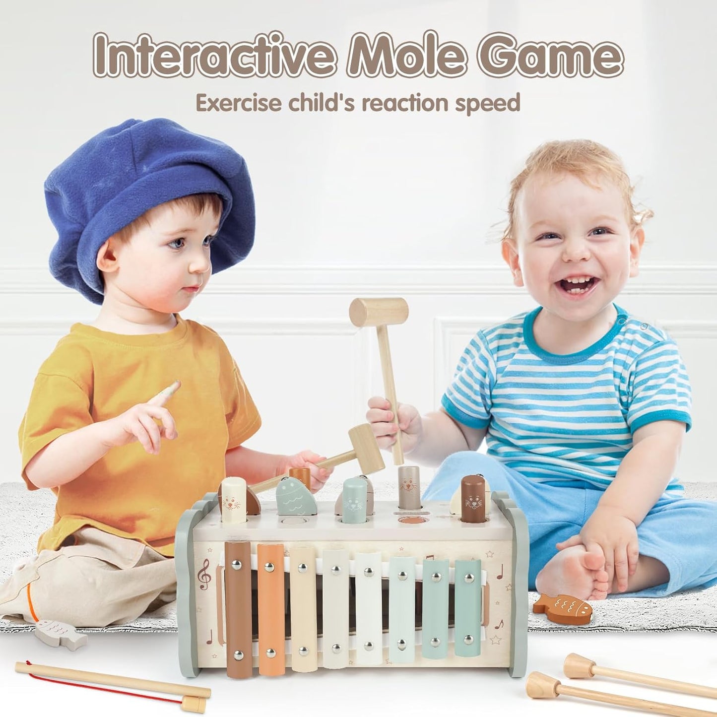 Dinorun Montessori Hammering Toy from 1 Year Old, Wooden Motor Skills Toy, Xylophone, Gift for Children Aged 1, 2, 3, 4 Years, for Girls, Boys