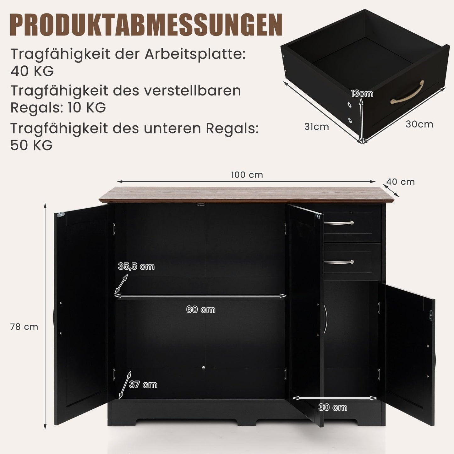 COSTWAY Sideboard, Kitchen Cabinet with Worktop 100 x 40 cm, Buffet Cabinet with Doors & Drawers & Adjustable Shelves, Kitchen Island for Kitchen, Dining Room (Black)