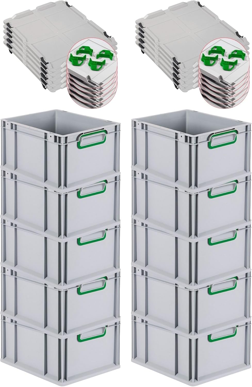 PROREGAL Economy Set of 5 Eurobox NextGen Colour with Lid and Sliding Snap Fasteners, H x W x D 22 x 30 x 40 cm, 20 L, Black, Closed Handles, Euro Container, Transport Box, Transport Container