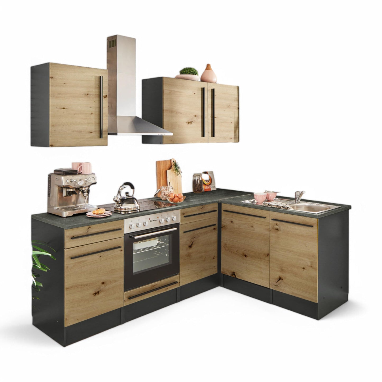 Jazz 8 Modern Corner Kitchen without Electrical Appliances in White High Gloss, Metallic Grey - Spacious Kitchen Unit in L-Shaped with Lots of Storage Space - 220 x 211 x 60 cm (W x H x D)