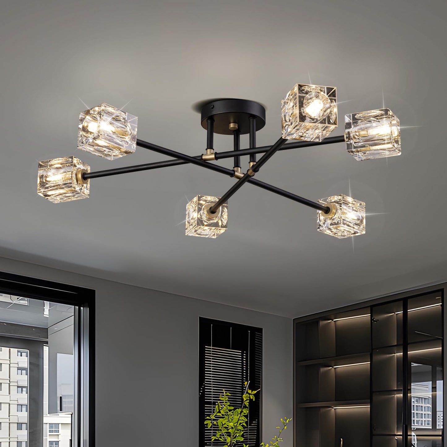 JUJUQI Moderne Kristall-Kronleuchter,Gold Hängeleuchte, K9 quadratischer Kristall Häengelampe mit 8 Lichtern,Würfel-Schirm, hängende Deckenleuchte für Esszimmer, Schlafzimmer, Wohnzimmer