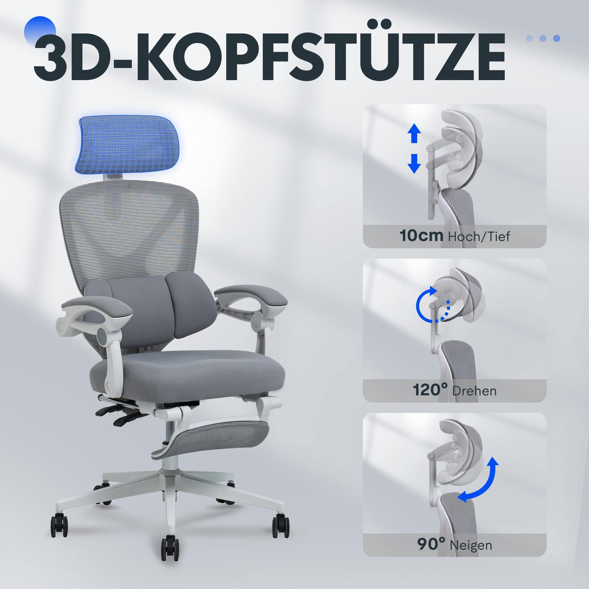 FLEXISPOT Ergonomic Office Chair, X-shaped Desk Chair with 135° Tilt, Coupled Armrests with Zoned Adjustable Lumbar Support, Swivel Chair with Footrest, 3D Headrest, White/Grey