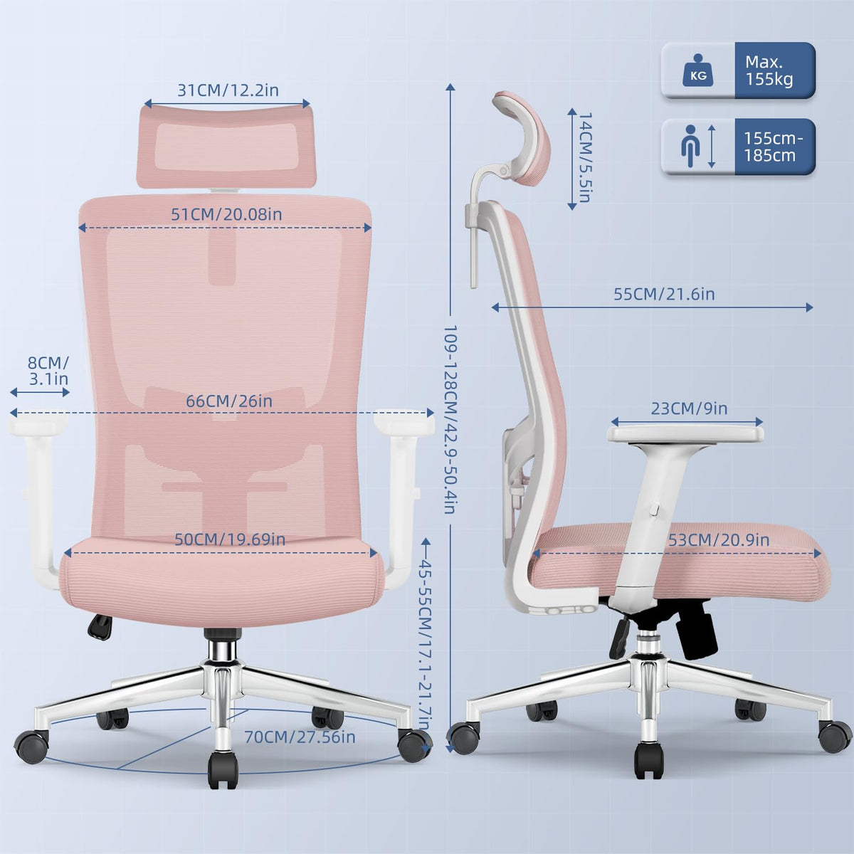 Ergonomic Office Chair with Adjustable Lumbar Support, Armrests and Headrest, Swivel Office Chair 150 kg, Desk Chair, Executive Chair, Rocker Function up to 135°