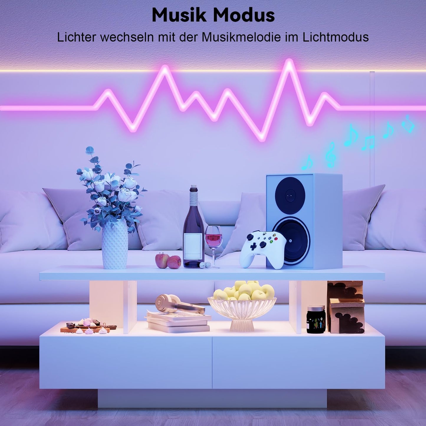 YU YUSING LED Coffee Table, Living Room Table, Coffee Table with 2 Drawers, 2 Shelves, 6000 Coloured LED Lighting, Remote Control, App Control, Side Table with Open, 105 x 50 x 39 cm, Modern White