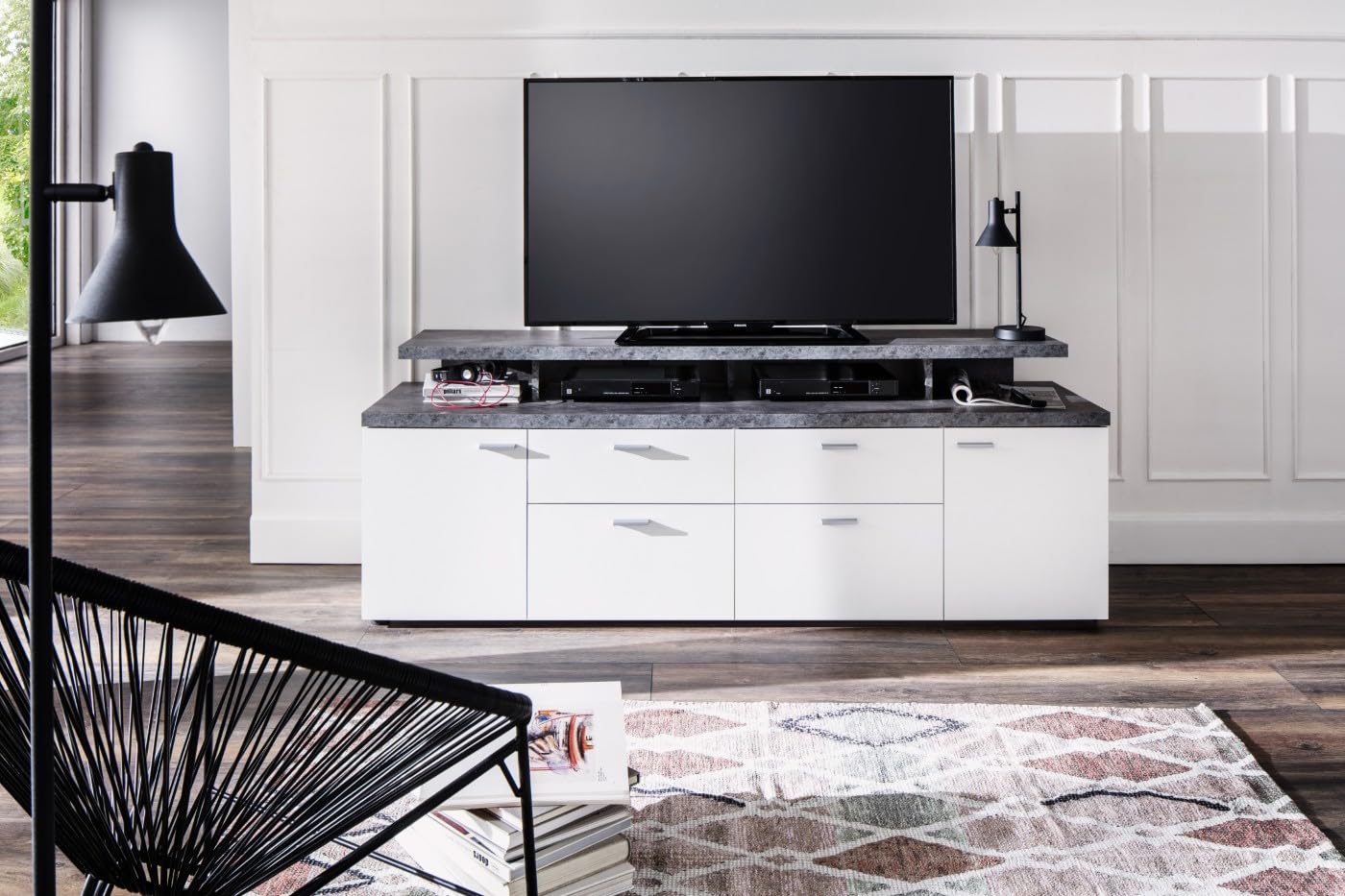 trendteam smart living - Mood - TV cabinet - white/grey - TV lowboard with 2 doors, 2 drawers and 2 flaps - (W x H x D) 180 x 66 x 47 cm - cable guide