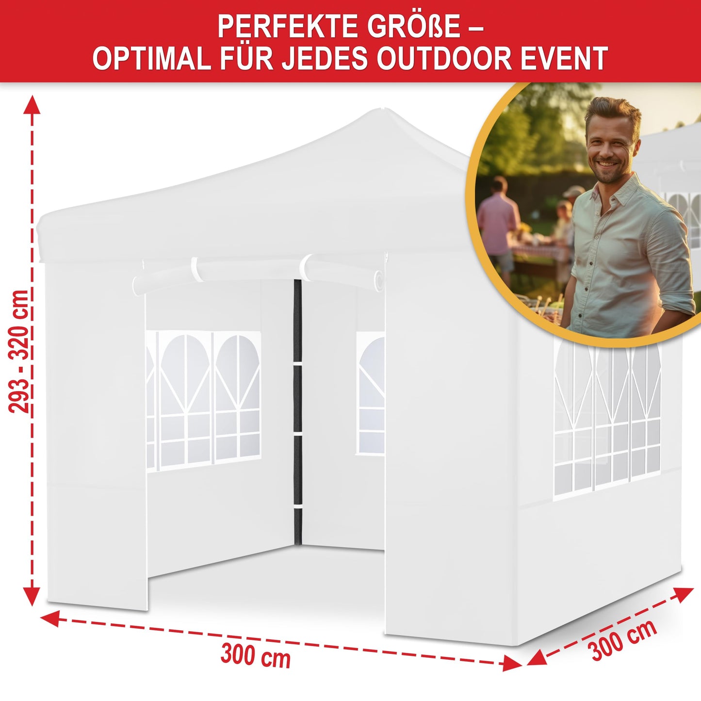 Gazebo - 3 x 3 m - Large Entrance - Waterproof - Pop Up Frame - Side Walls with 3 x 3 Windows - Additional with Bag - Foldable Outdoor Gazebo Folding Gazebo (Grey)