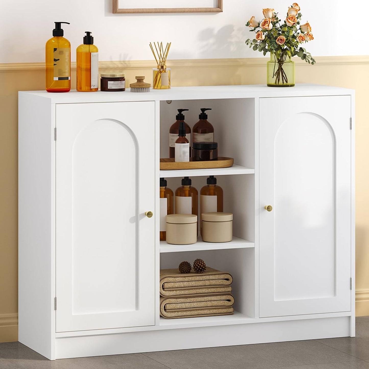 Hzuaneri SC21203X Bathroom Cabinet with 2 Doors, Kitchen Cabinet, Storage Cabinet, Sideboard with 3 Open Storage Compartments, Adjustable Shelf, Bathroom, Kitchen, 30 x 100 x 81.5 cm, White