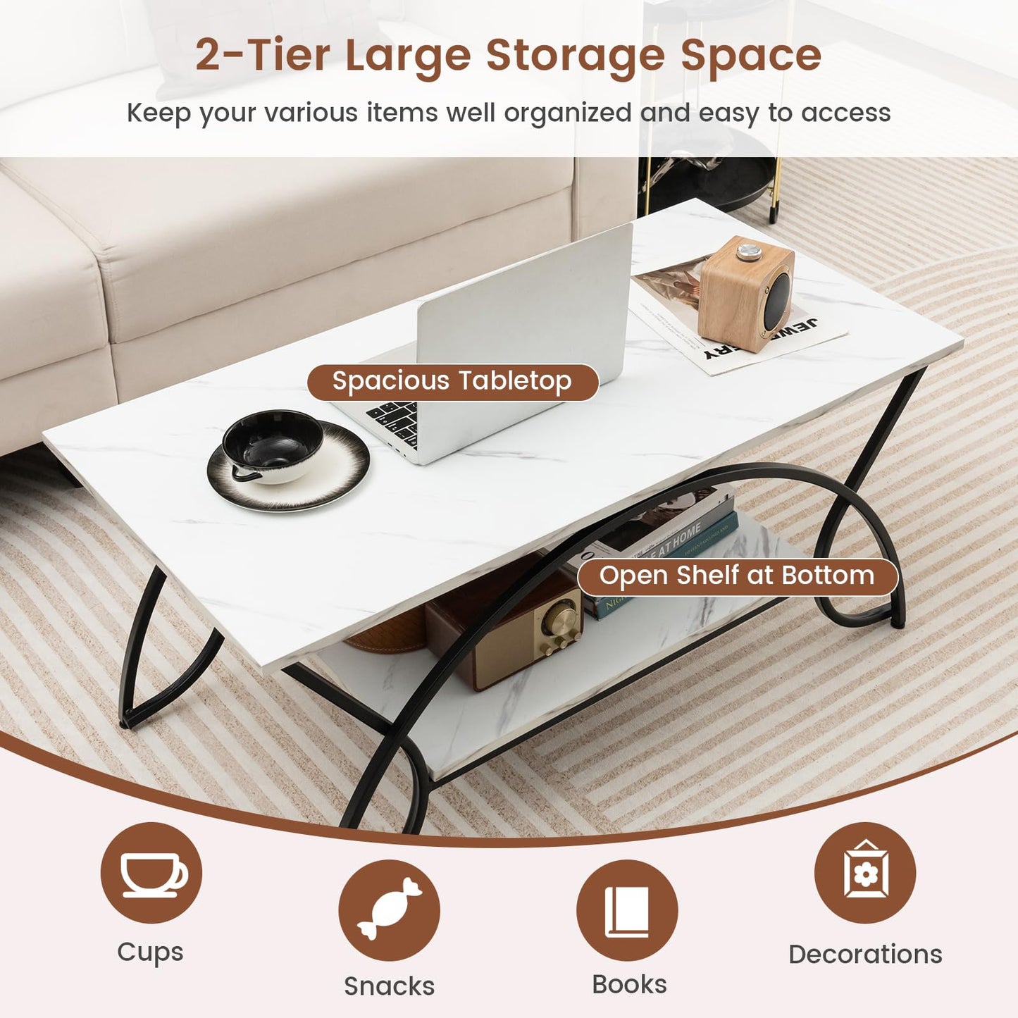 GIANTEX Coffee Table Marble Black, Coffee Table, Tea Table, 2 Shelves, Living Room Table, Modern Sofa Table, Tea Table, 100 x 50 x 45 cm, Accent Table with Metal Legs, Side Table with Marble Look
