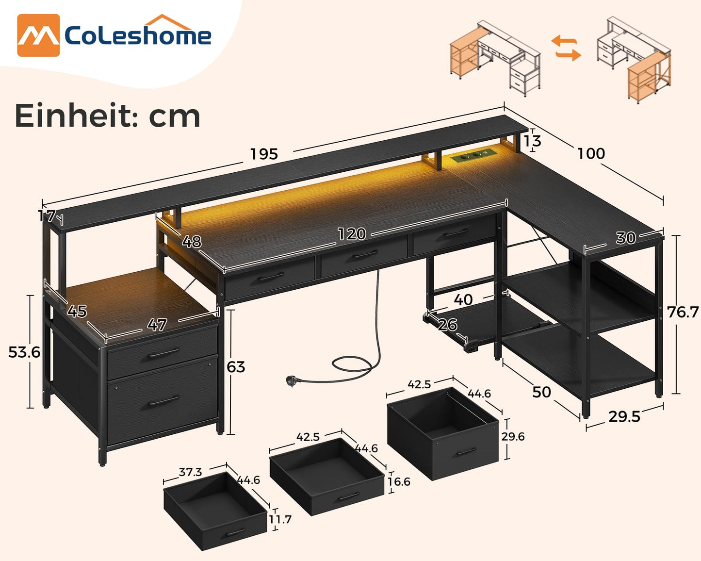 Coleshome L Shape Desk with Drawers, 195 x 100 cm Gaming Table with Socket, LED & Monitor Stand, Reversible Corner Desk with Storage Space, Computer Desk with Shelf for Office, Black