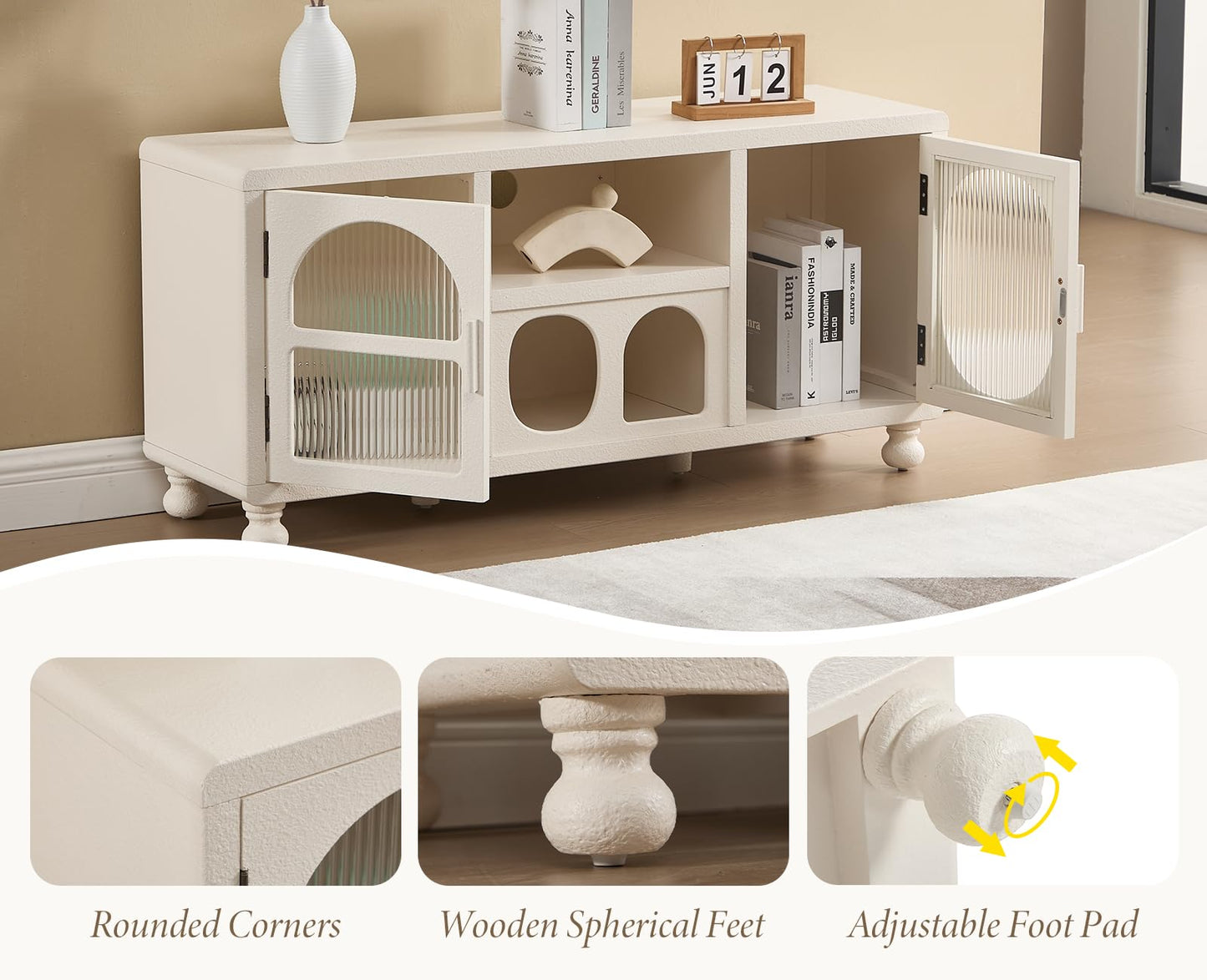 Ya-Home Lowboard with 2 Glass Doors Storage Cabinet with Compartments Sideboard with Solid Wood Legs for Living Room Black