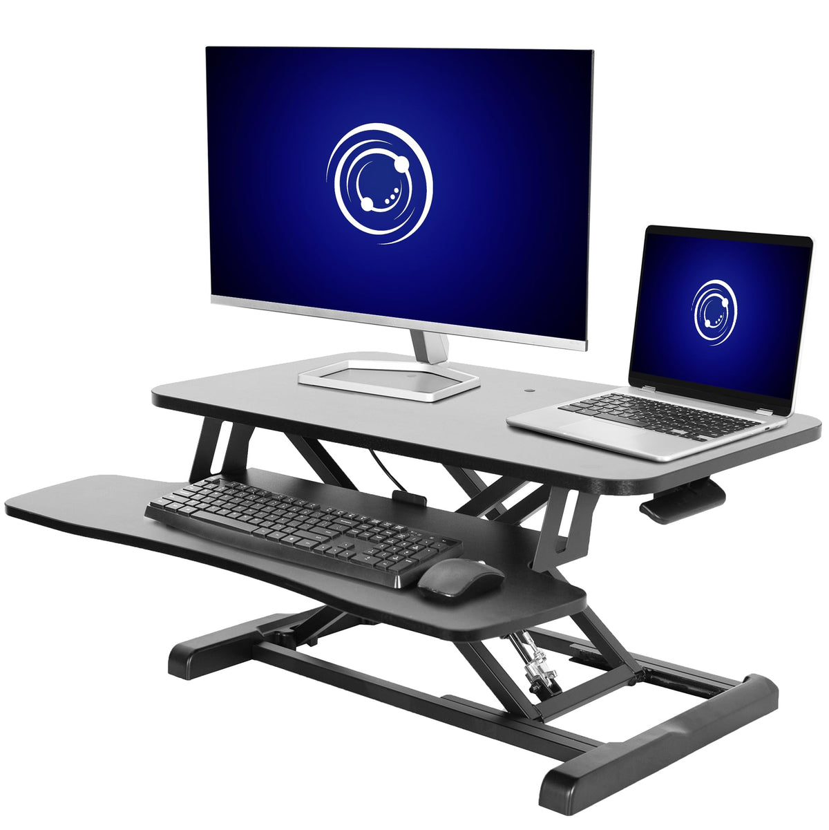 VIVO 81 cm Schreibtischaufsatz, K-Serie, höhenverstellbarer Steh-Sitz-Aufsatz, Dual-Monitor- und Laptop-Arbeitsplatz mit breiter Tastaturablage, Schwarz, DESK-V000K
