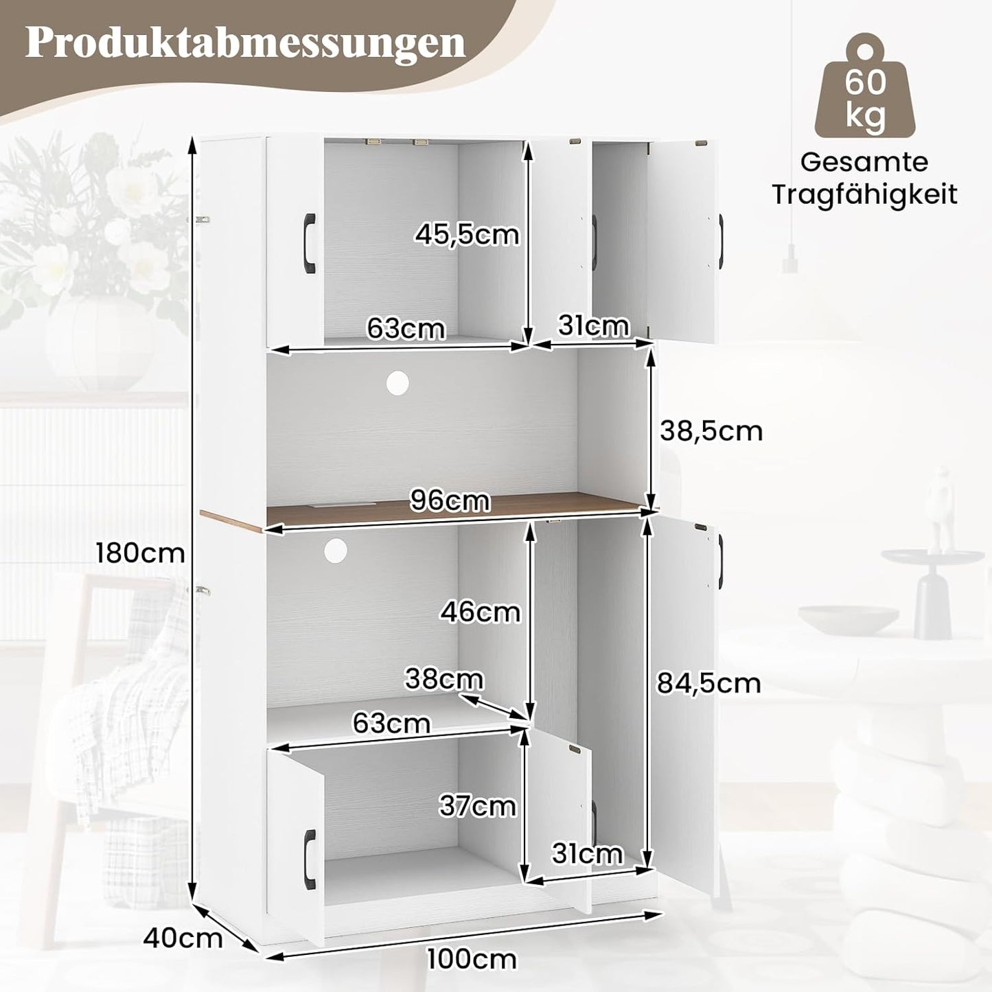COSTWAY Wooden Kitchen Cabinet, Buffet Cabinet with Socket, Tall Cabinet with Doors & Worktop, Storage Cabinet for Kitchen & Living Room, 100 x 40 x 180 cm (White)